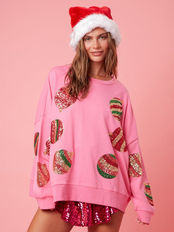Sequin embroidered fashionable round neck long sleeve sequin patchwork Christmas sweatshirt BLUE ZONE PLANET
