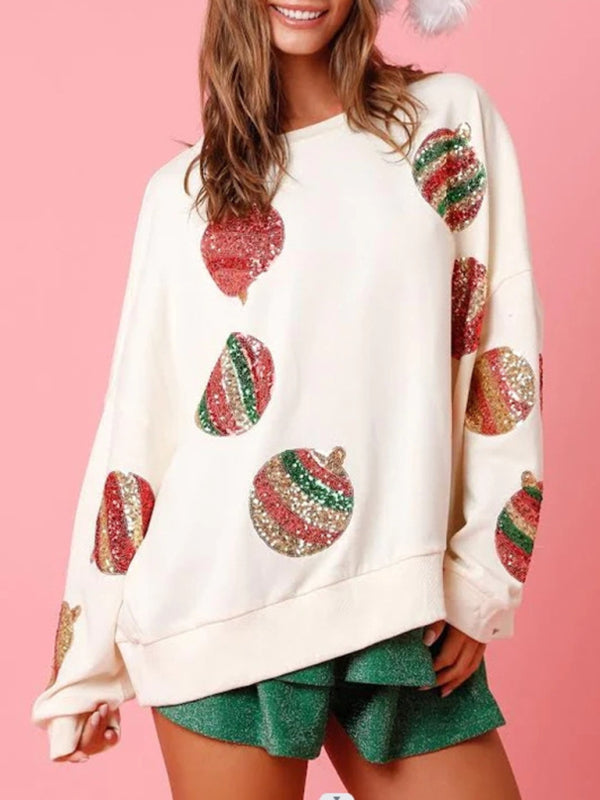 Sequin embroidered fashionable round neck long sleeve sequin patchwork Christmas sweatshirt BLUE ZONE PLANET