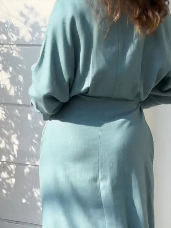 Blue Zone Planet | temperament commuting lace-up solid color waist long-sleeved irregular shirt dress kakaclo