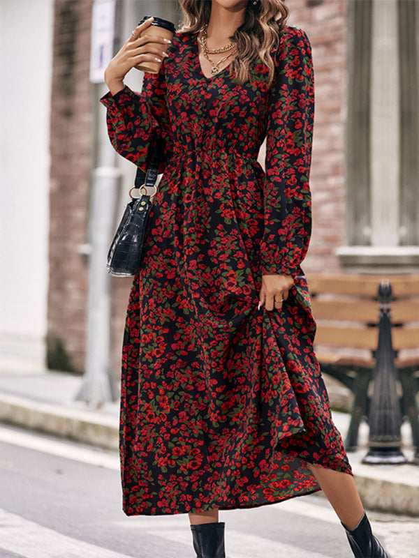 autumn winter long sleeve printed dress long skirt BLUE ZONE PLANET