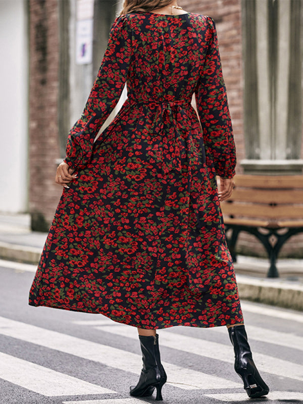 autumn winter long sleeve printed dress long skirt BLUE ZONE PLANET