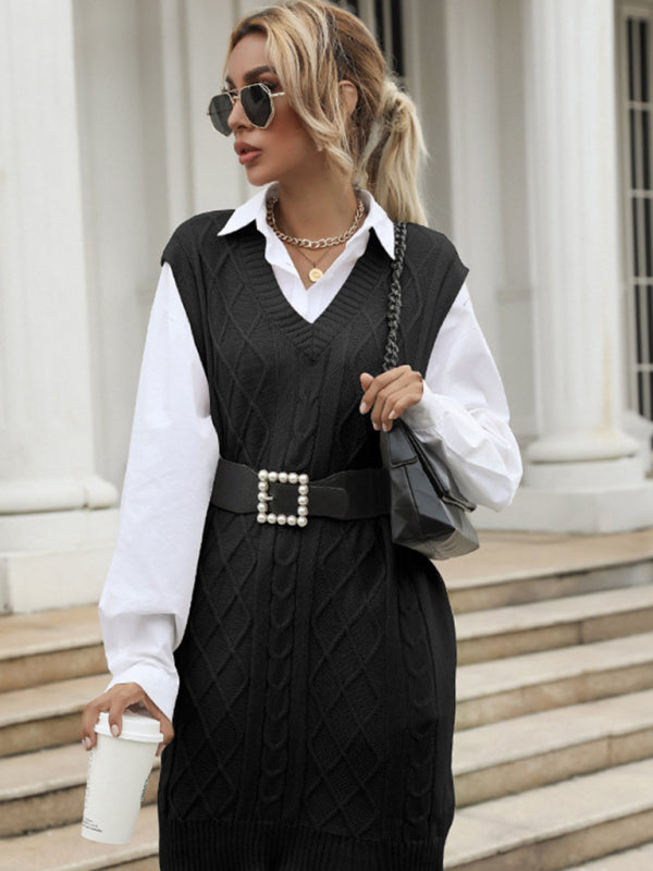 Long Solid Color V-Neck Vest Vest Knitted Sweater Dress kakaclo