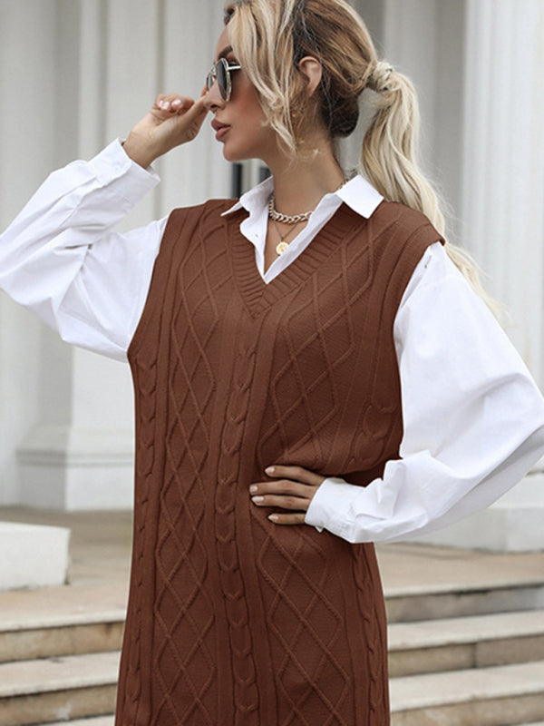 Long Solid Color V-Neck Vest Vest Knitted Sweater Dress kakaclo