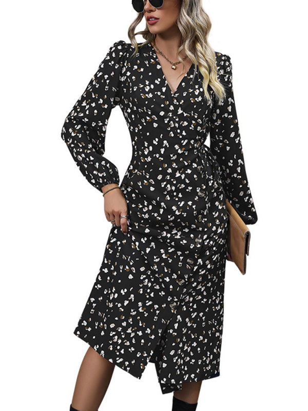 Blue Zone Planet |  V-neck waist black printed dress BLUE ZONE PLANET