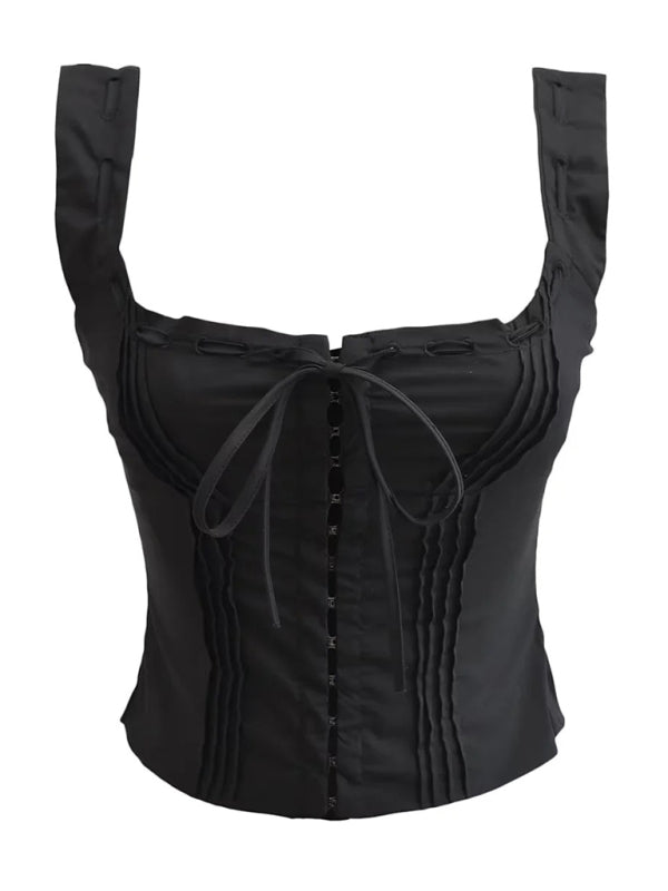 French sweet and gentle fresh lace-up halter top fishbone hook short top kakaclo