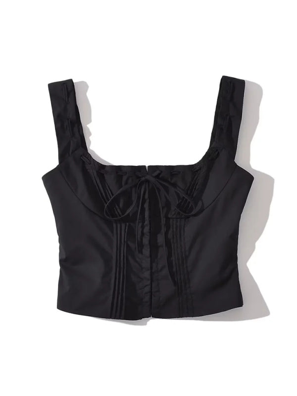 French sweet and gentle fresh lace-up halter top fishbone hook short top kakaclo