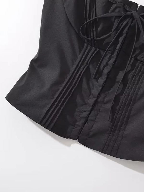 French sweet and gentle fresh lace-up halter top fishbone hook short top kakaclo
