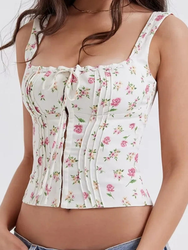 French sweet and gentle fresh lace-up halter top fishbone hook short top kakaclo