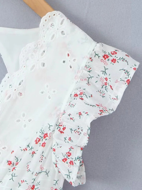 Lace embroidery printed ruffle sleeve dress French backless layered short sweet dress kakaclo