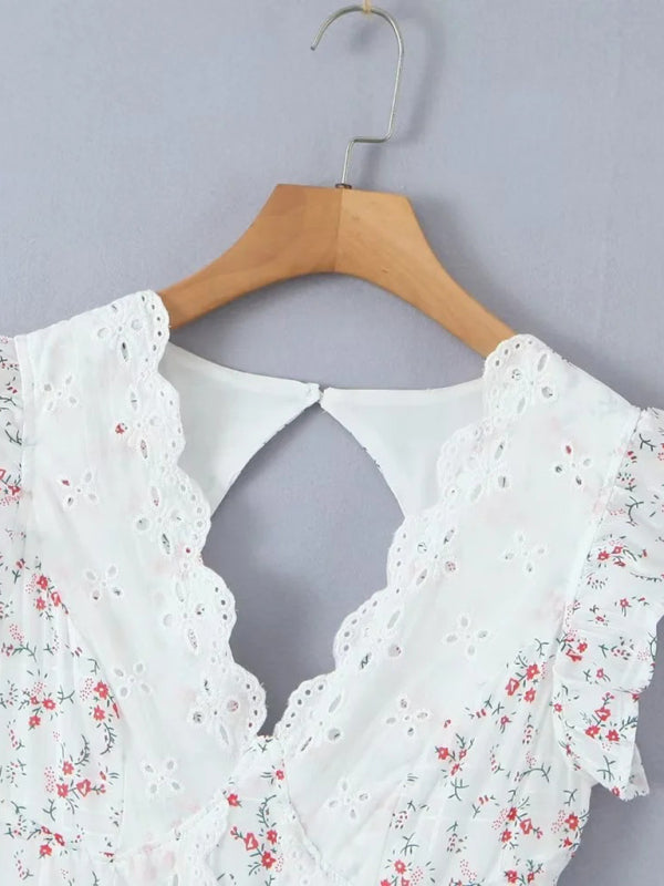 Lace embroidery printed ruffle sleeve dress French backless layered short sweet dress kakaclo