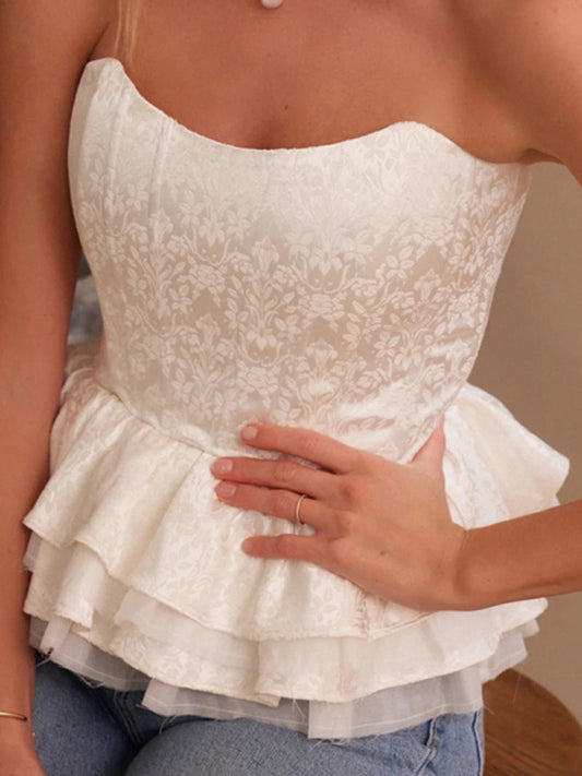 Blue Zone Planet |  French palace style tight corset outer jacquard fishbone layered ruffled tube top BLUE ZONE PLANET