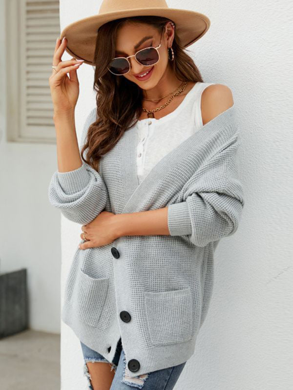 loose solid color knitted cardigan with elegant V-neck sweater cardigan jacket kakaclo