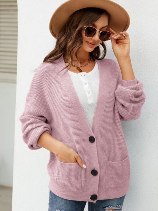 loose solid color knitted cardigan with elegant V-neck sweater cardigan jacket kakaclo