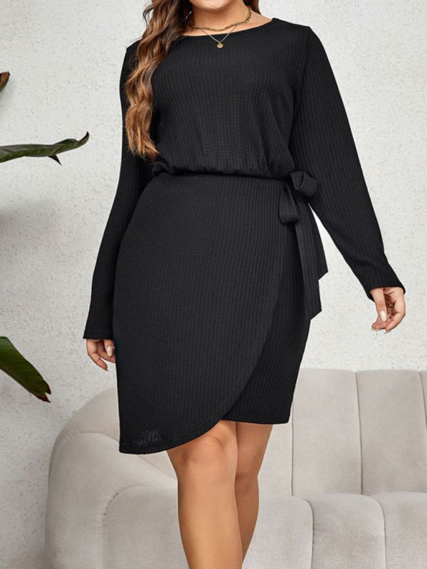 plus size round neck long-sleeved waist-tie slim dress kakaclo