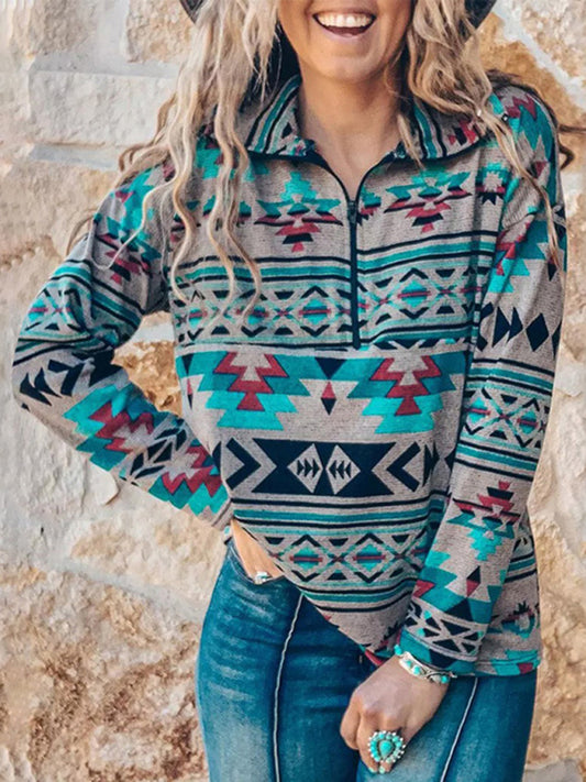 Blue Zone Planet |  Bohemian style loose stand collar sweatshirt BLUE ZONE PLANET
