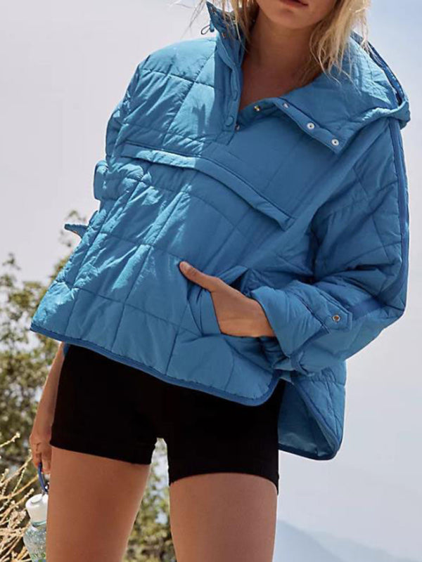 Blue Zone Planet |  Solid Color Hooded Cotton Foldable Padded Pullover Pocket Long Sleeve Jacket BLUE ZONE PLANET