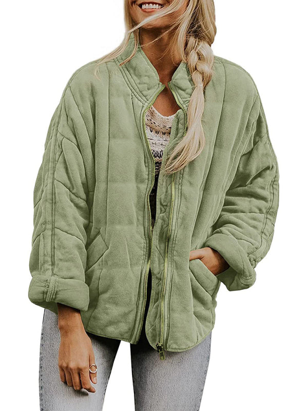 Solid color stand collar cotton jacket with loose pockets and long sleeves kakaclo