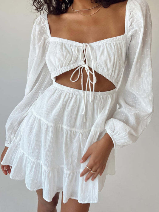 elegant square-neck long-sleeved lace-up hollow short white dress kakaclo