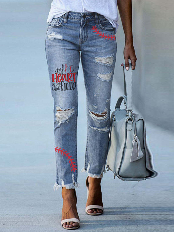 Baseball print ripped jeans for women washed frayed tassel slim fit pencil pants-BOTTOM SIZES SMALL MEDIUM LARGE-[Adult]-[Female]-2022 Online Blue Zone Planet