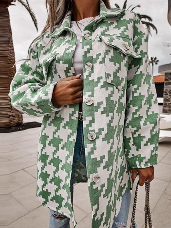 Blue Zone Planet | Loose long-sleeved houndstooth coat-TOPS / DRESSES-[Adult]-[Female]-Green-S-2022 Online Blue Zone Planet