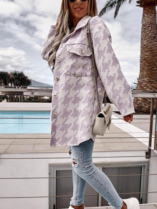 Blue Zone Planet | Loose long-sleeved houndstooth coat-TOPS / DRESSES-[Adult]-[Female]-Purple-S-2022 Online Blue Zone Planet