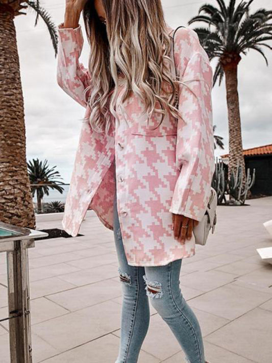 Blue Zone Planet | Loose long-sleeved houndstooth coat-TOPS / DRESSES-[Adult]-[Female]-Pink-S-2022 Online Blue Zone Planet
