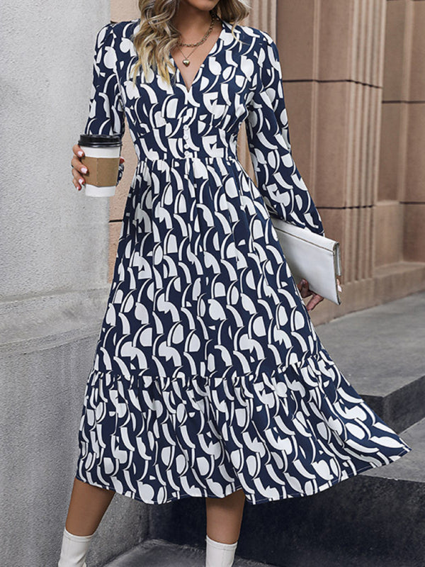 Blue Zone Planet |  Elegant Long Sleeve Printed Waist Dress BLUE ZONE PLANET