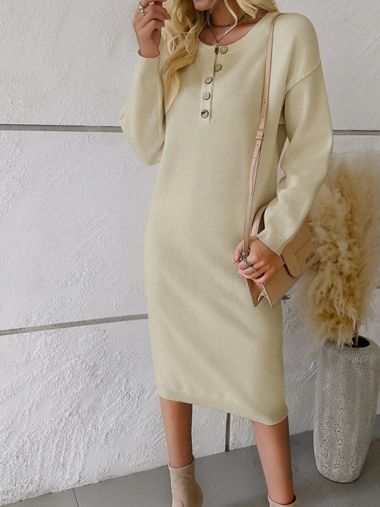 New casual round neck sweater dress-TOPS / DRESSES-[Adult]-[Female]-Cracker khaki-S-2022 Online Blue Zone Planet