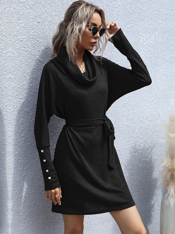 pile collar solid color bottoming knitted sweater dress with long sleeves kakaclo