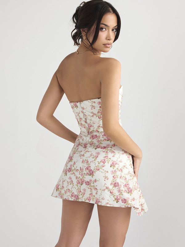 Fashionable Tubeless Backless Skirt Hot Girl Fitted Floral French Dress kakaclo
