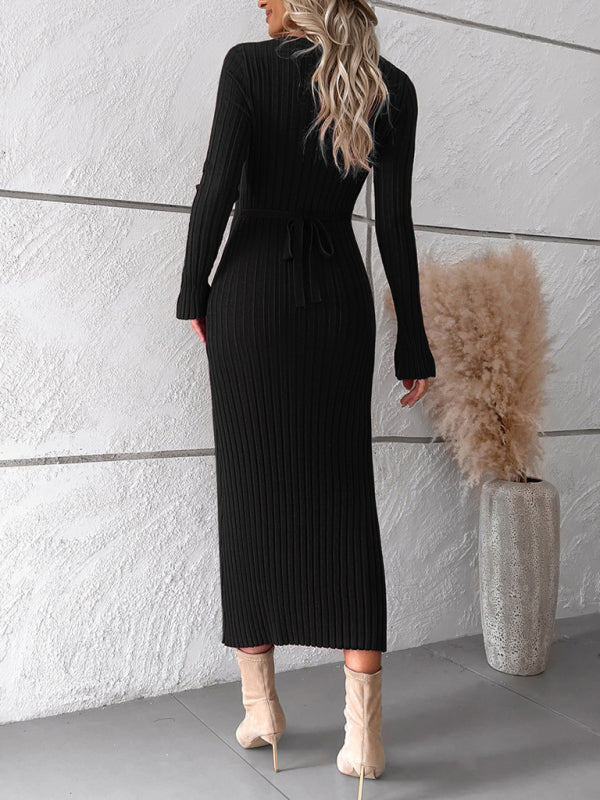 Women's new style elegant solid color v-neck long-sleeved sweater dress kakaclo