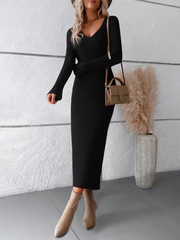 Women's new style elegant solid color v-neck long-sleeved sweater dress kakaclo