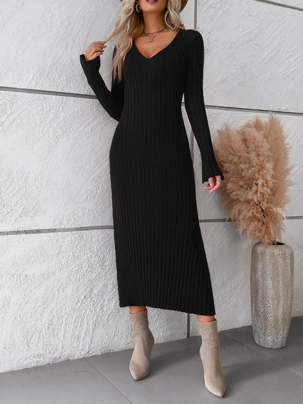 Women's new style elegant solid color v-neck long-sleeved sweater dress kakaclo