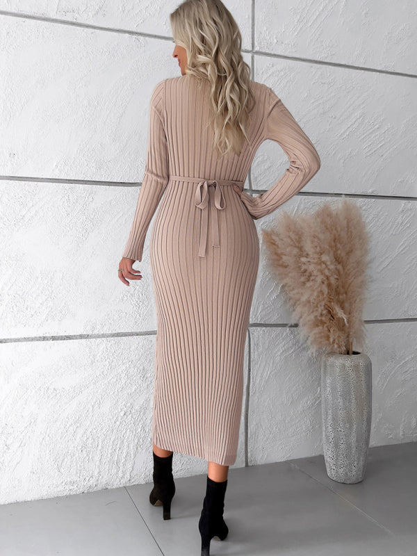 Women's new style elegant solid color v-neck long-sleeved sweater dress kakaclo