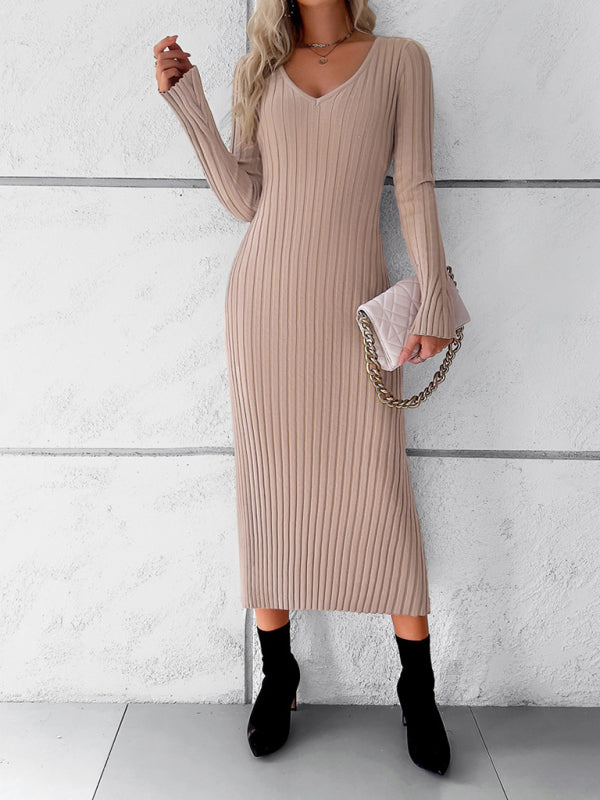 Women's new style elegant solid color v-neck long-sleeved sweater dress kakaclo