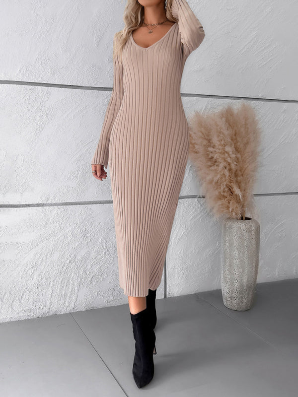 Women's new style elegant solid color v-neck long-sleeved sweater dress kakaclo