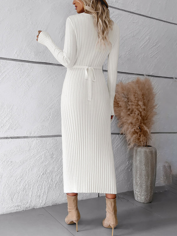 Women's new style elegant solid color v-neck long-sleeved sweater dress kakaclo