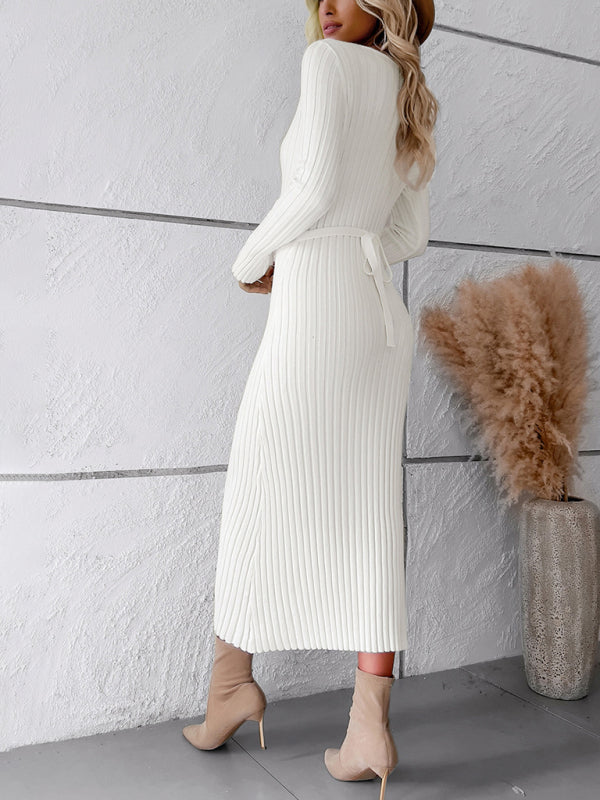 Women's new style elegant solid color v-neck long-sleeved sweater dress kakaclo