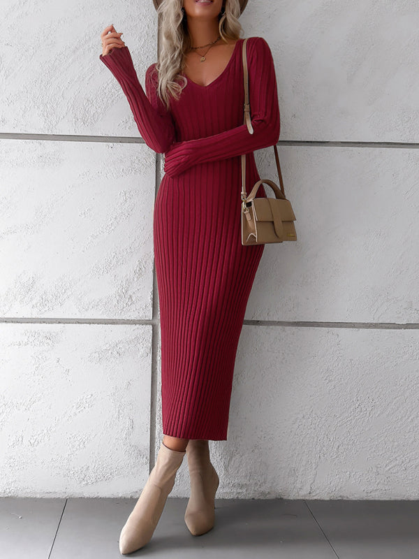 Women's new style elegant solid color v-neck long-sleeved sweater dress kakaclo