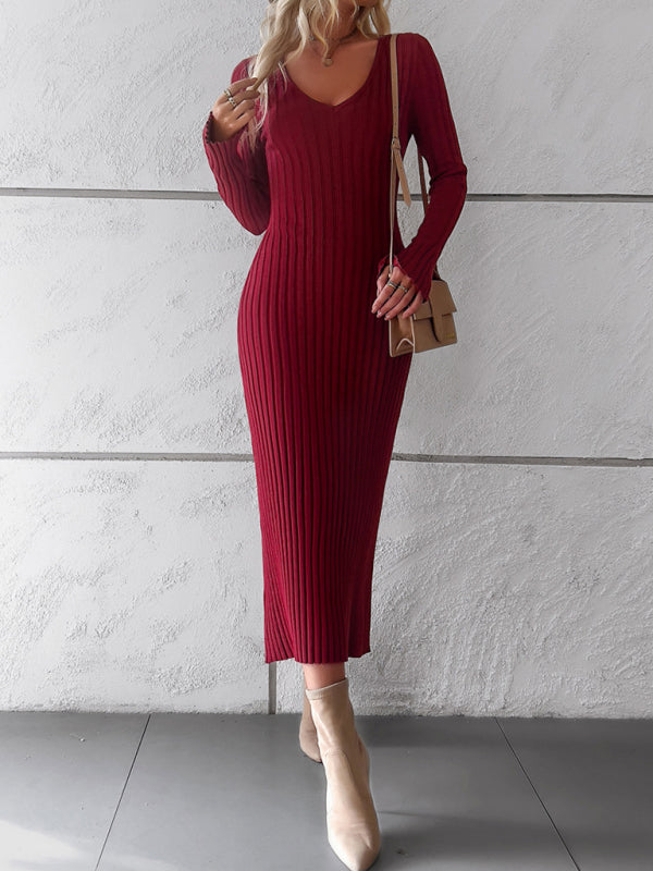 Women's new style elegant solid color v-neck long-sleeved sweater dress kakaclo