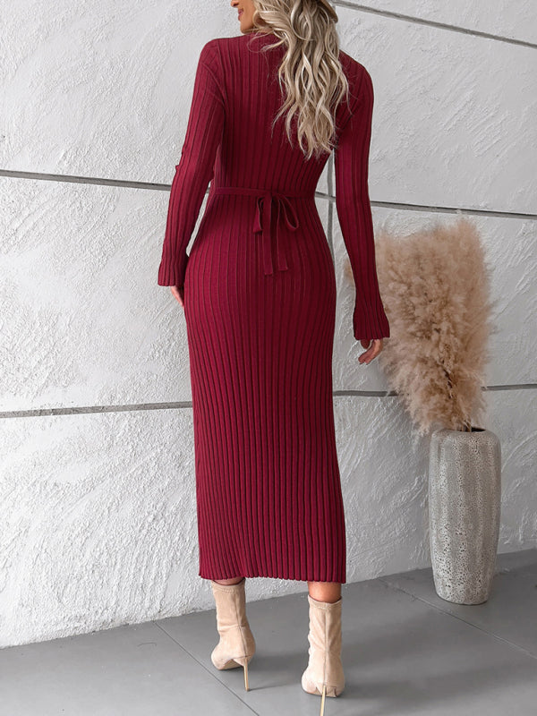 Women's new style elegant solid color v-neck long-sleeved sweater dress kakaclo