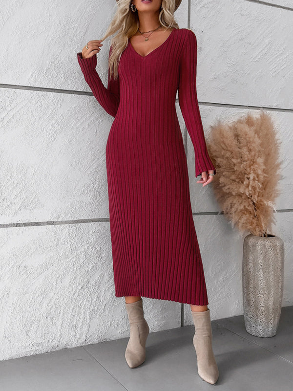 Women's new style elegant solid color v-neck long-sleeved sweater dress kakaclo