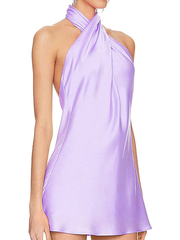 Blue Zone Planet | Mia's Crossover Backless Halter Neck Mini Dress Purple / L by Blue Zone Planet Blue Zone Planet | Mia's Crossover Backless Halter Neck Mini Dress Purple / L by Blue Zone Planet
