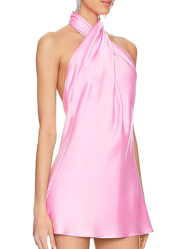 Blue Zone Planet |  Mia's Crossover Backless Halter Neck Mini Dress BLUE ZONE PLANET