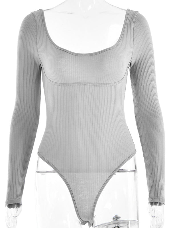 Ava's Square Neck Backless Long Sleeve Bodysuit kakaclo