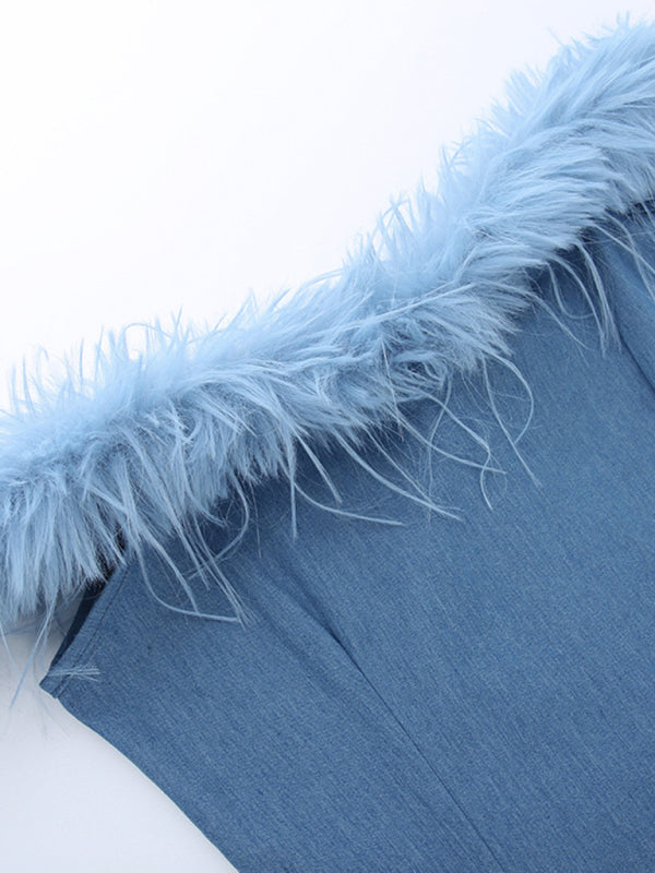 one-shoulder fur-trimmed hip-hugging denim dress BLUE ZONE PLANET