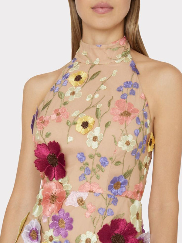New women's embroidered three-dimensional flower halter neck slim mini dress BLUE ZONE PLANET