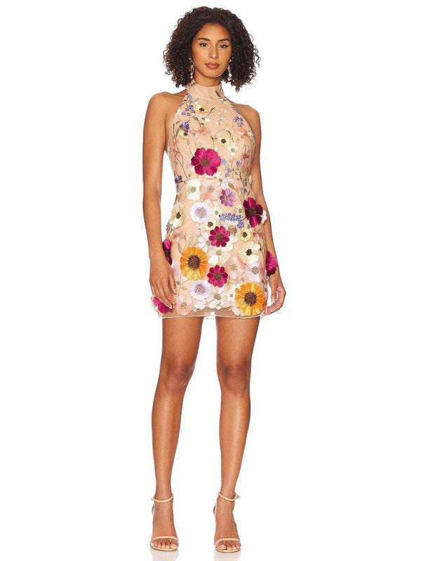 New women's embroidered three-dimensional flower halter neck slim mini dress BLUE ZONE PLANET