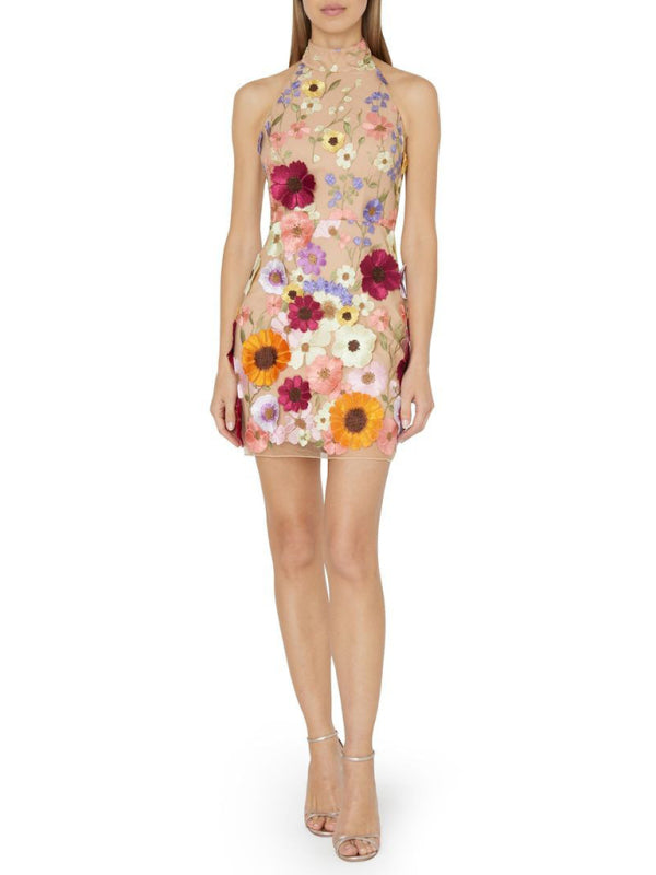 New women's embroidered three-dimensional flower halter neck slim mini dress BLUE ZONE PLANET