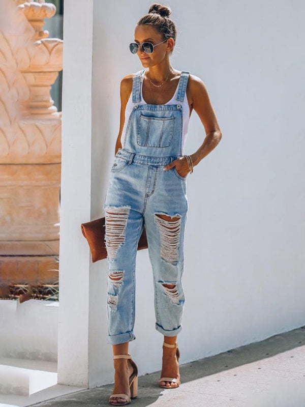 Blue Zone Planet | Women's washed ripped blue overalls jeans-BOTTOM SIZES SMALL MEDIUM LARGE-[Adult]-[Female]-2022 Online Blue Zone Planet